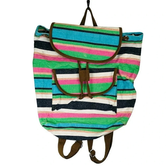 Buckhead Betties Striped Colorful‎ Backpack Made in India 100% Cotton Beach Bag - Picture 1 of 10